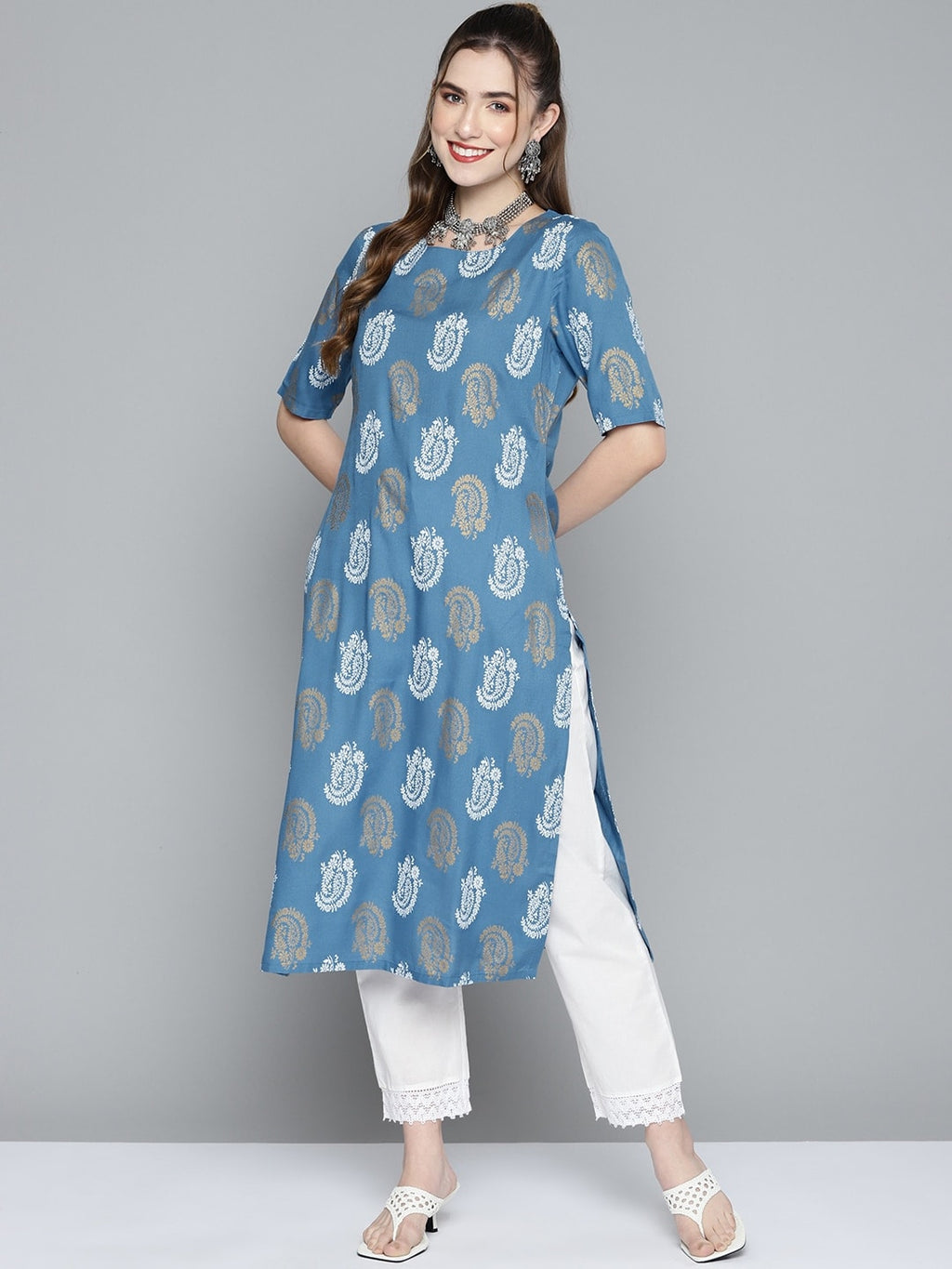 HERE&NOW Women Blue & Golden Paisley Printed Straight Kurta | Grocsy