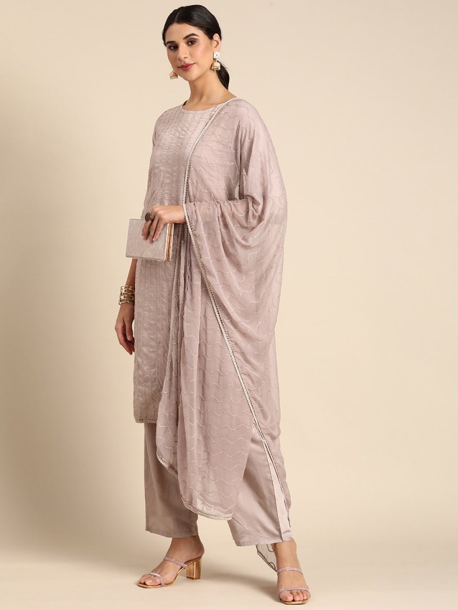 All About You Women Mauve Ethnic Motifs Embroidered Regular Sequinned Chanderi Silk Kurta with Palazzos & | Grocsy