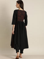 Sangria Women Black Printed Empire Pure Cotton Kurta with Trousers | Grocsy