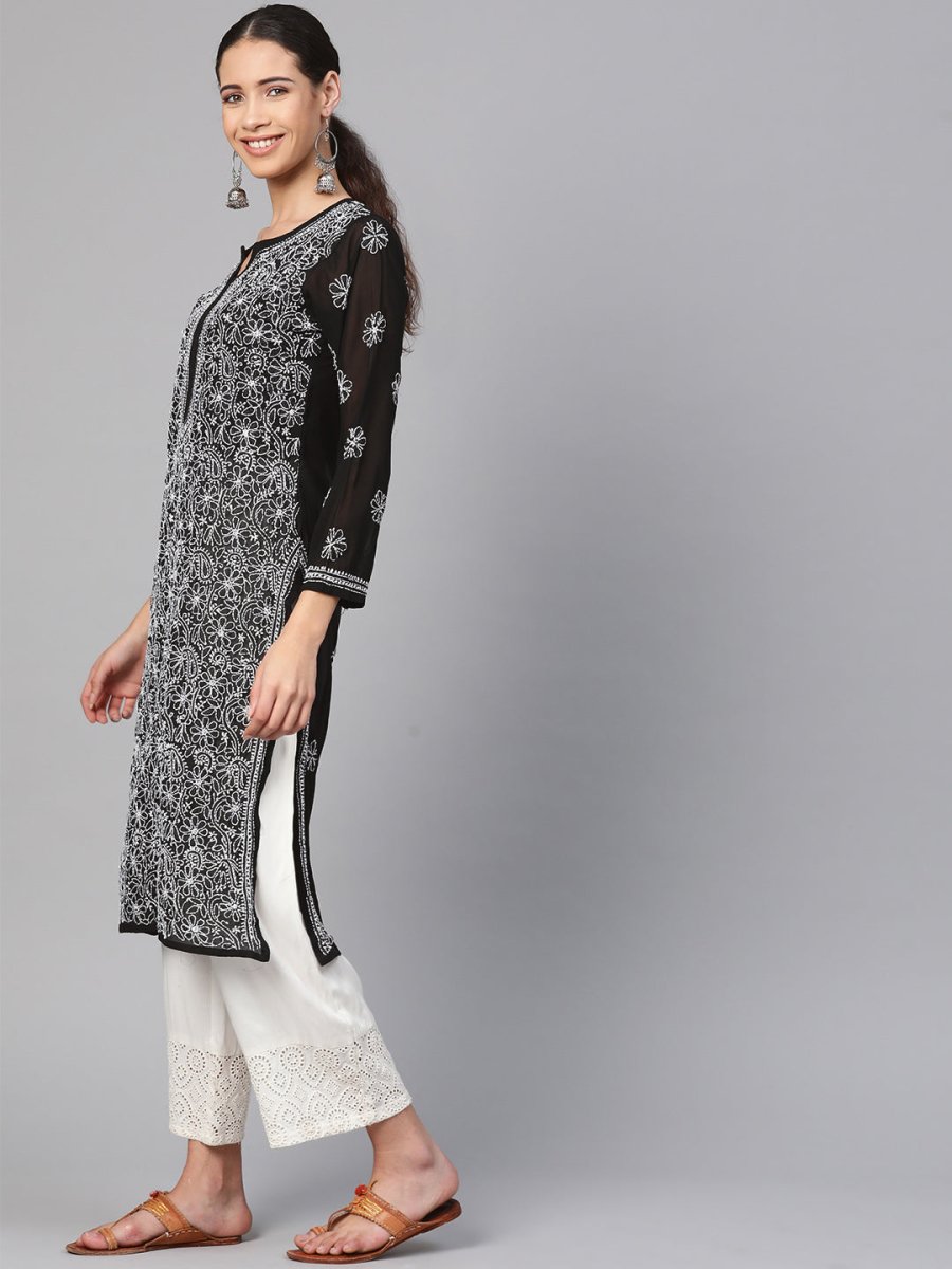 ADA Women Black & White Chikankari Hand Embroidered Semi-Sheer Straight Sustainable Handloom Kurta | Grocsy
