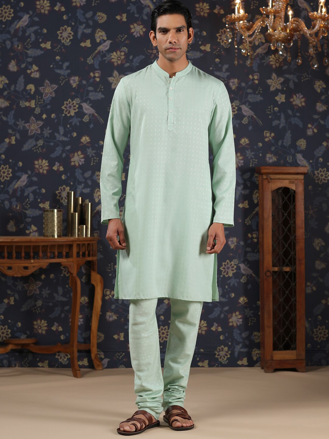 House of Pataudi Mandarin Collar Straight Kurta With Churidar & Embroidered Nehru Jacket | Grocsy