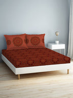 SPACES Aurum Red Ethnic Motifs Pure Cotton 140 TC Queen Bedsheet with 2 Pillow Covers | Grocsy
