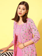 HERE&NOW Women Pink Floral Printed Regular Pure Cotton Kurta with Palazzos | Grocsy