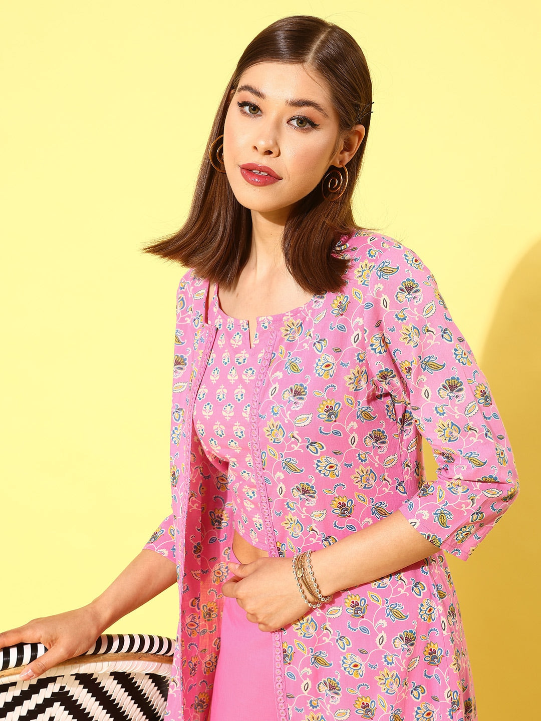 HERE&NOW Women Pink Floral Printed Regular Pure Cotton Kurta with Palazzos | Grocsy