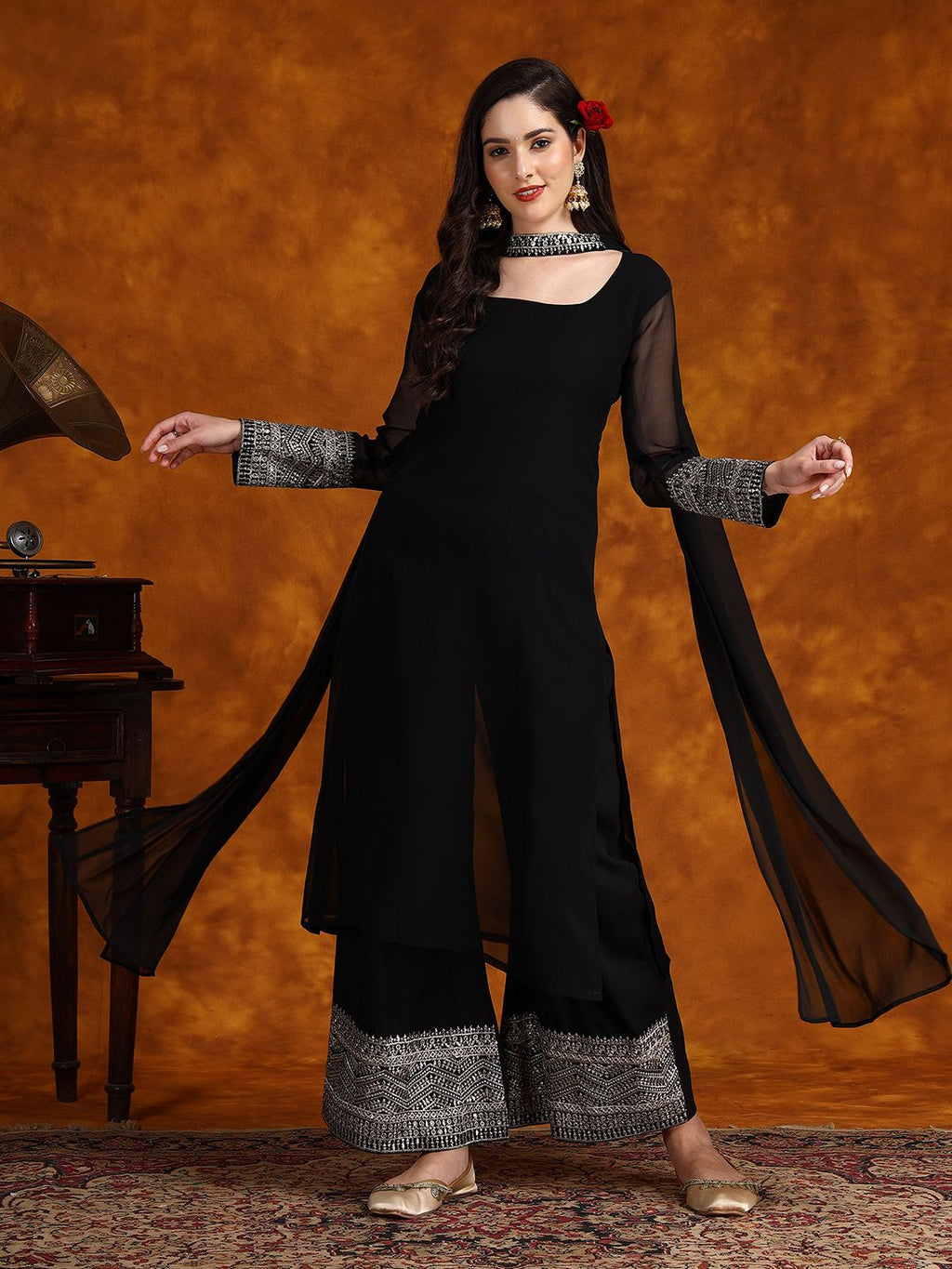 Sangria Embroidery Georgette Kurta Palazzo With Dupatta Set | Grocsy