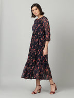 Souchii Women Navy Blue & Red Floral Chiffon A-Line Tiered Dress | Grocsy