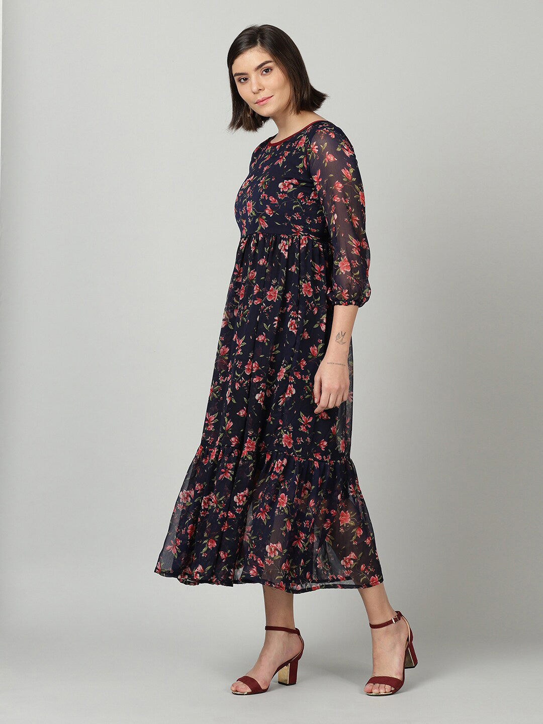 Souchii Women Navy Blue & Red Floral Chiffon A-Line Tiered Dress | Grocsy