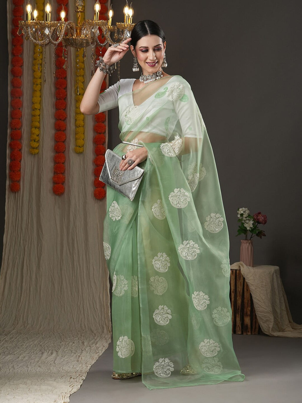 Saree Mall Olive Green & White Paisley Embroidered Organza Banarasi Sarees | Grocsy