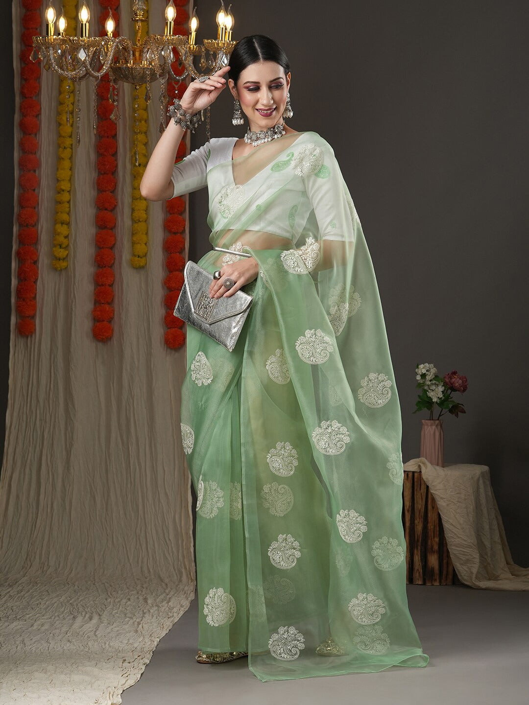 Saree Mall Olive Green & White Paisley Embroidered Organza Banarasi Sarees | Grocsy