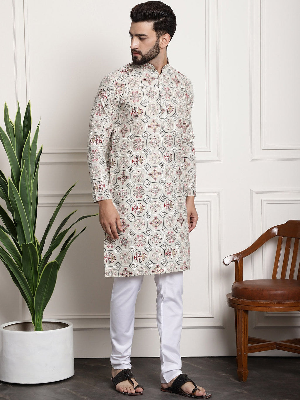 Sojanya Men Beige Printed Cotton Linen Kurta with Churidar | Grocsy