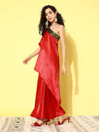 InWeave Women's Red Green Brocade Satin Oneshoulder Kurta Set | Grocsy