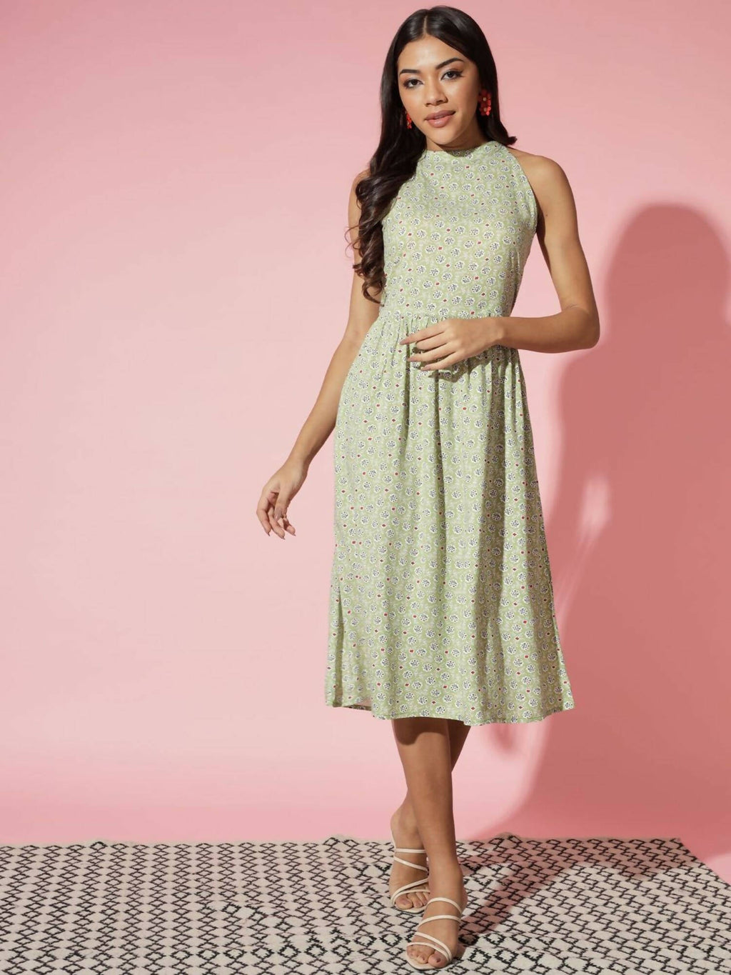 Myshka Women Ethnic Motifs Rayon A-Line Round Neck Green Dress | Grocsy
