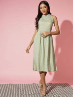 Myshka Women Ethnic Motifs Rayon A-Line Round Neck Green Dress | Grocsy