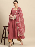 All About You Square Neck Dobby Weave A-Line Kurta With Dupatta | Grocsy
