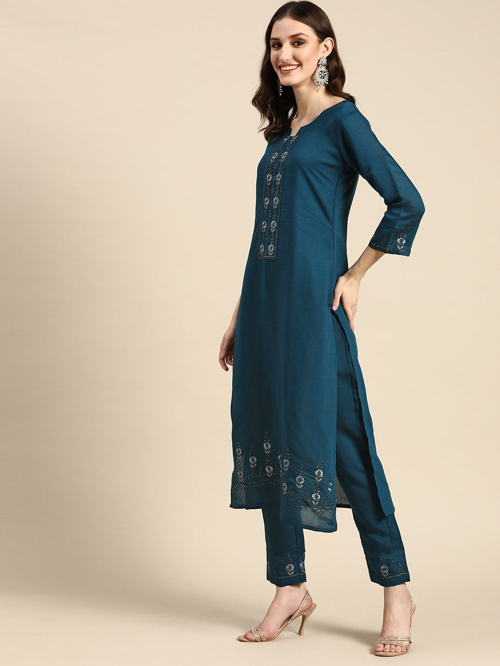 Sangria Women Teal Blue Embroidered Pure Cotton Kurta with Trousers & Dupatta | Grocsy