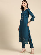 Sangria Women Teal Blue Embroidered Pure Cotton Kurta with Trousers & Dupatta | Grocsy