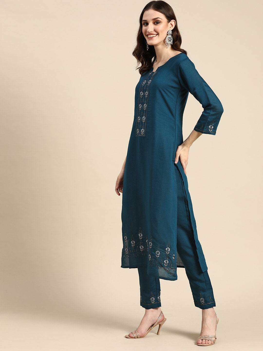 Sangria Women Teal Blue Embroidered Pure Cotton Kurta with Trousers & Dupatta | Grocsy