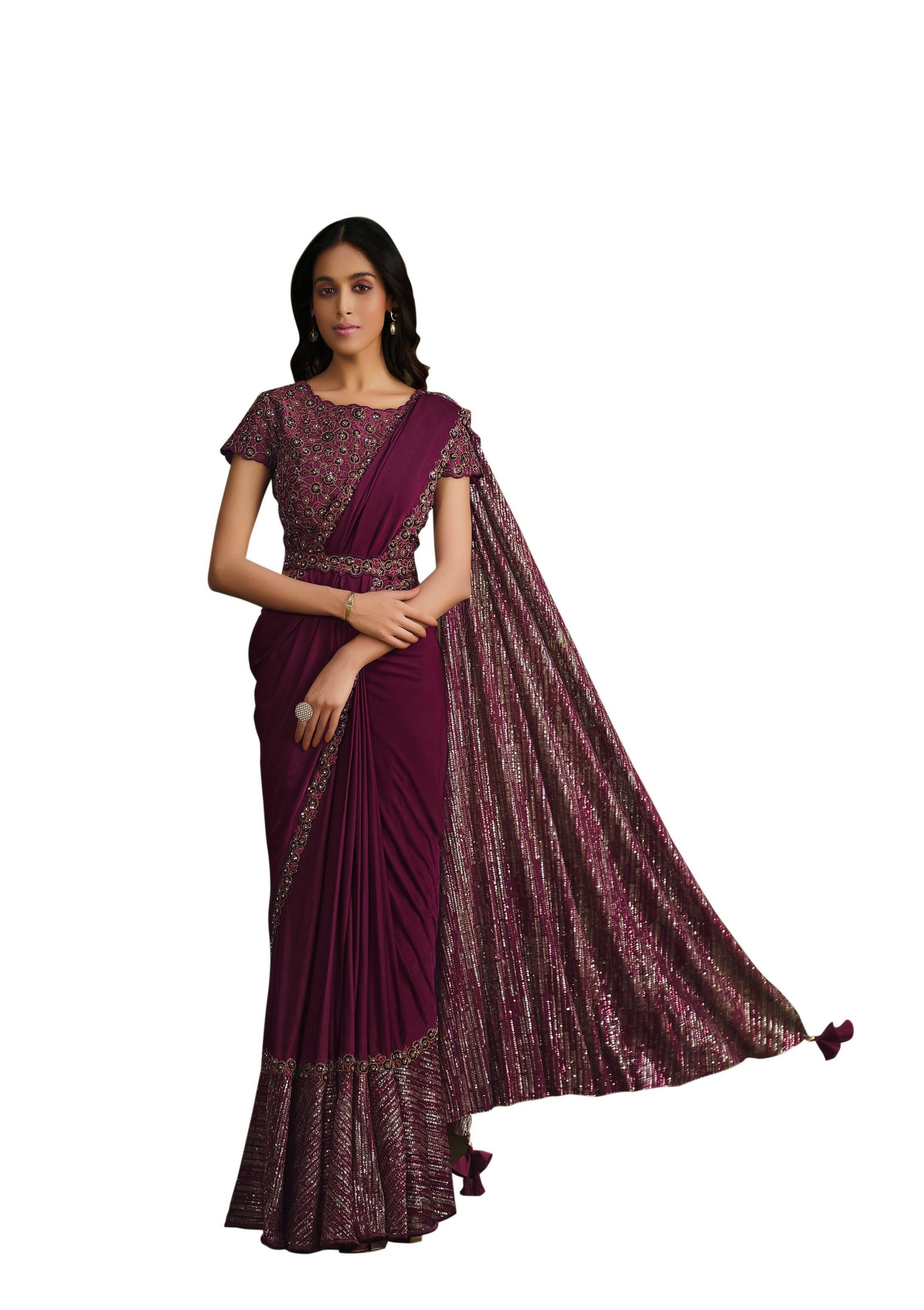 Maroon Crystal Silk Sequence Embroidered Saree With Stitched Blouse - Mohmanthan La Belle | Grocsy