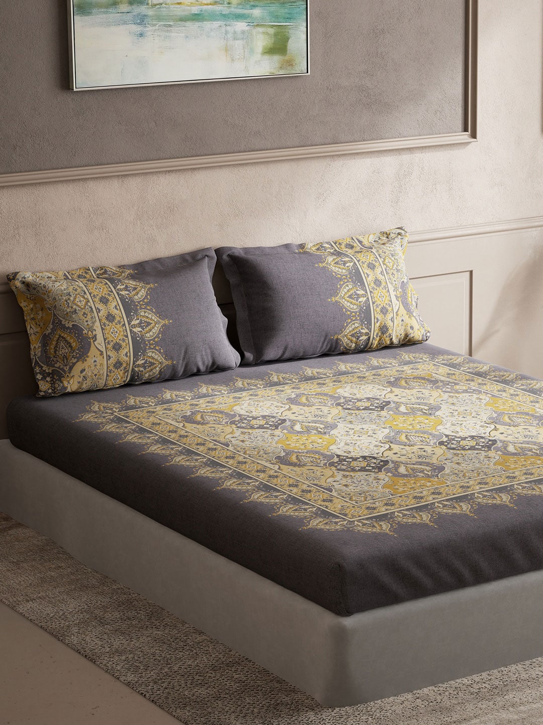 DDecor Grey & Yellow Ethnic Motifs Cotton 140 TC King Bedsheet With 2 Pillow Covers | Grocsy