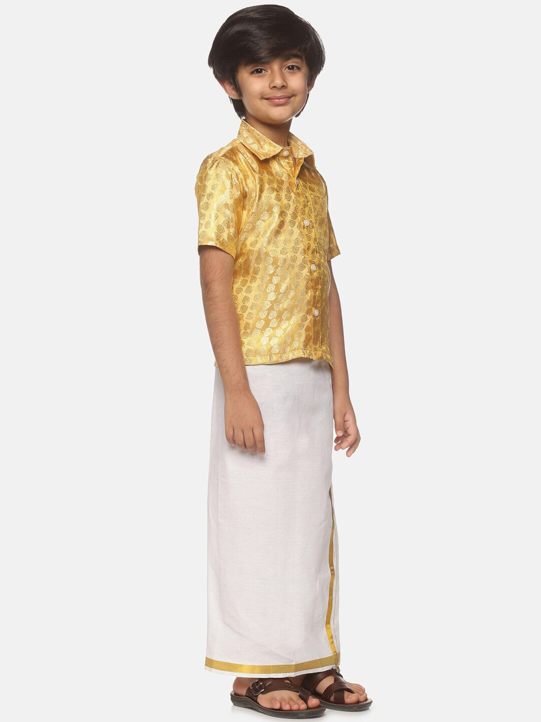 Sethukrishna Boys Gold-Toned & White Solid Shirt and Dhoti Set | Grocsy
