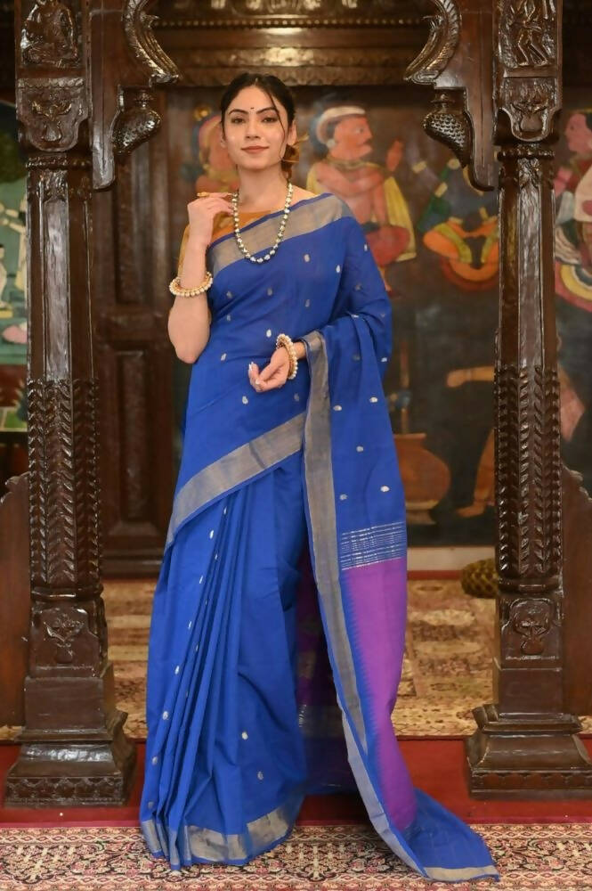 Very Much Indian Handloom Pure Cotton Paithani Swan Pallu-Marine Blue | Grocsy
