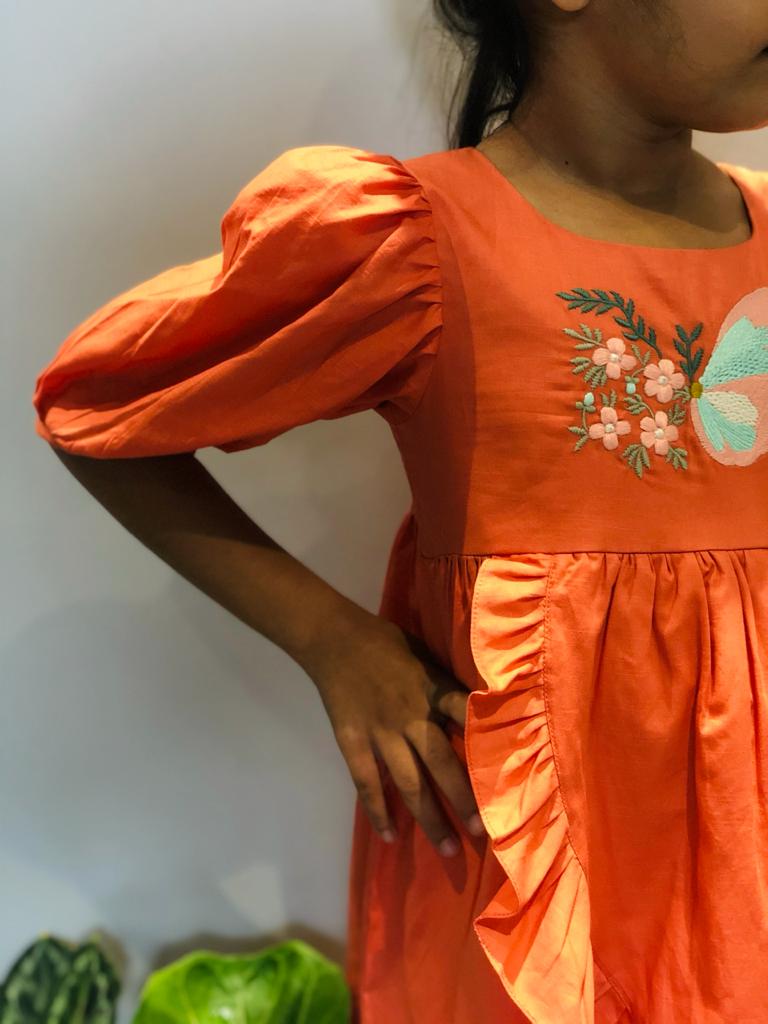 ArthLife Orange Butterfly Embroidered Dress | Grocsy