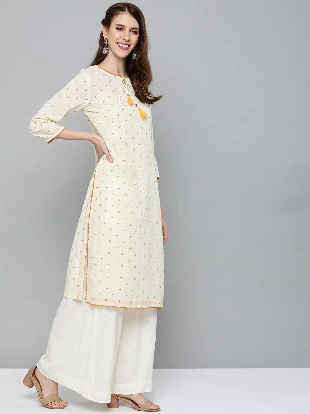 HERE&NOW Women Off-White & Mustard Yellow Geometric Printed Straight Kurta | Grocsy