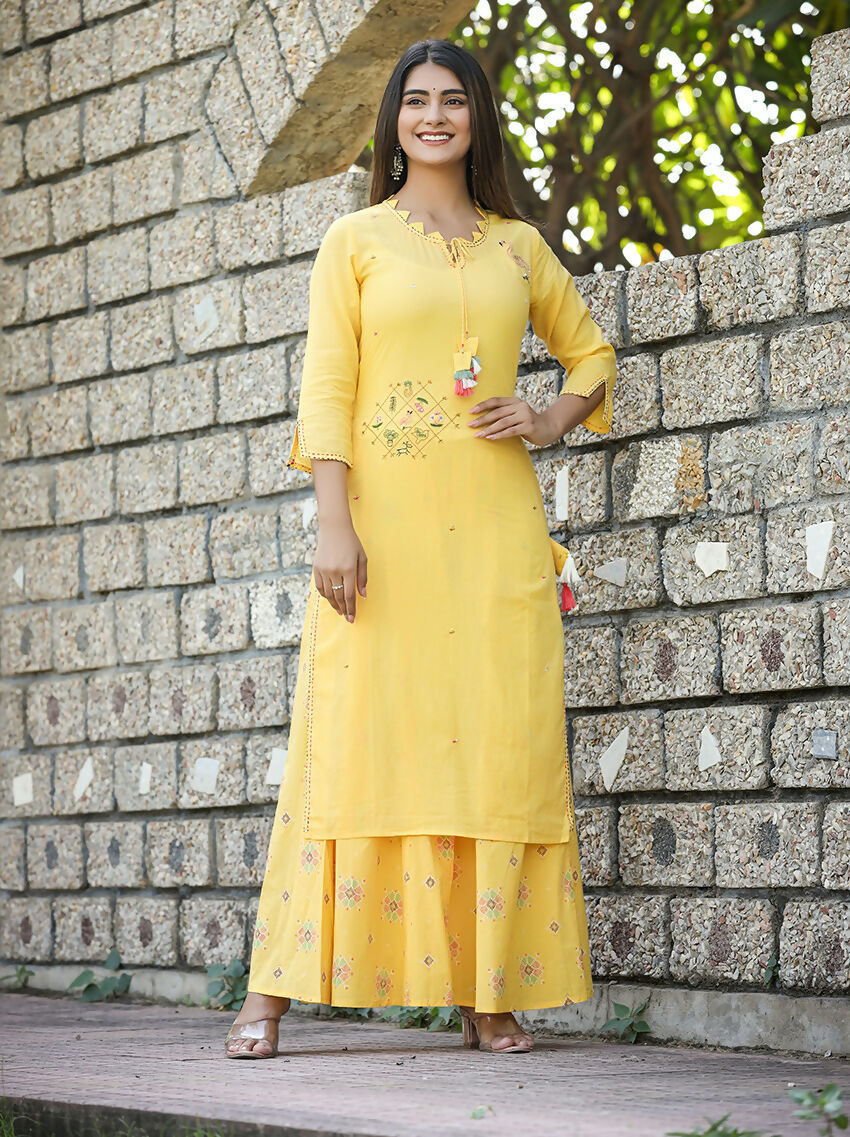 Kaajh Women's Yellow Embroidery Kurta Sharara Set | Grocsy