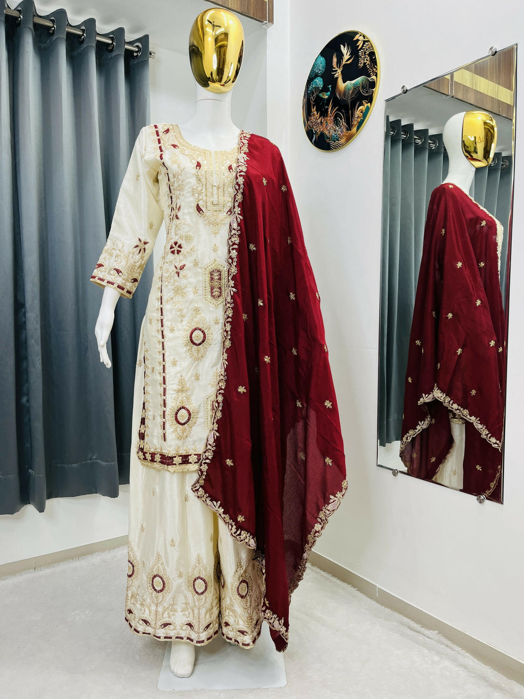 Teeya Creation White Color Chinon Silk Party Wear Trending Palazzo Set | Grocsy