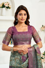 Joban Fashion Multicoloured Ikkat & Floral Linen Ready To Wear Saree With Unstitched Blouse | Grocsy