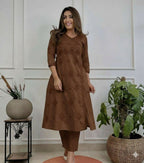 Miravan Womens Brown Floral Printed Angrakha Style Kurta With Palazzo | Grocsy
