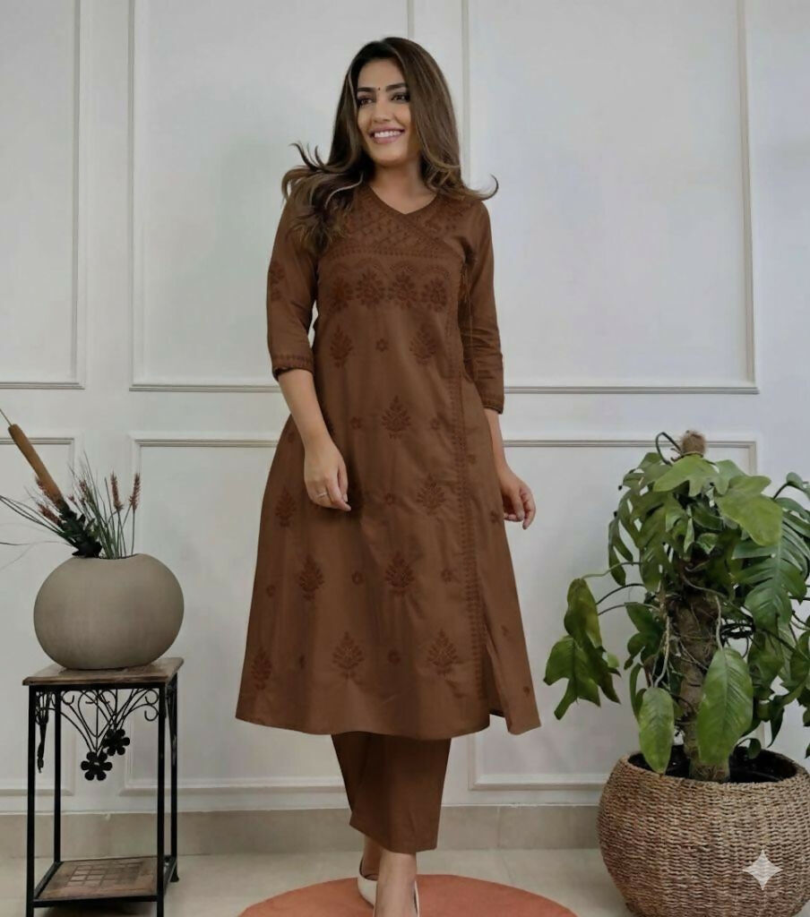 Miravan Womens Brown Floral Printed Angrakha Style Kurta With Palazzo | Grocsy