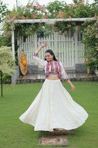 Teeya Creation White Colour Roman Silk With Gamathi Work Navratri Lehenga Choli | Grocsy