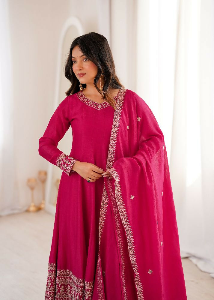 Teeya Creation Rani Color Vichitra Silk Embroidery Work Party Wear Long Gown | Grocsy