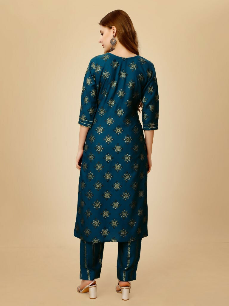 Jyoti Fashion Women's Navy Blue Viscose Rayon Embroidered Kurta Pant Set | Grocsy