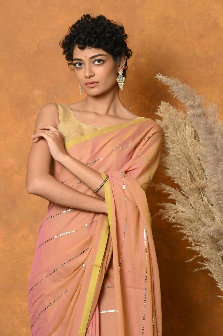 Very Much Indian Designer Mul Cotton Handloom Saree with Sequins - Peach | Grocsy