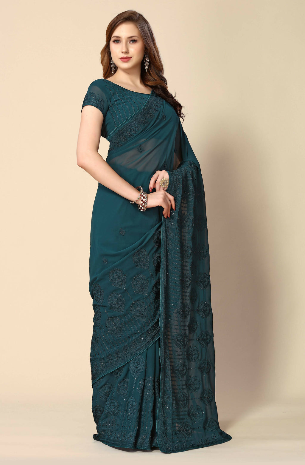 Teal Georgette Embroidered and Stone Work Saree with Unstitched Blouse Piece - Roozal | Grocsy