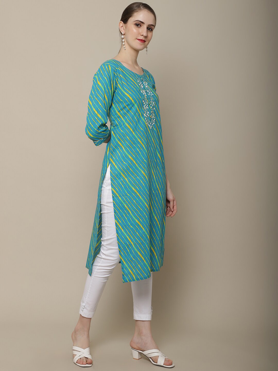 Sangria Women Blue & Yellow Leheriya Dyed Thread Work Kurta | Grocsy