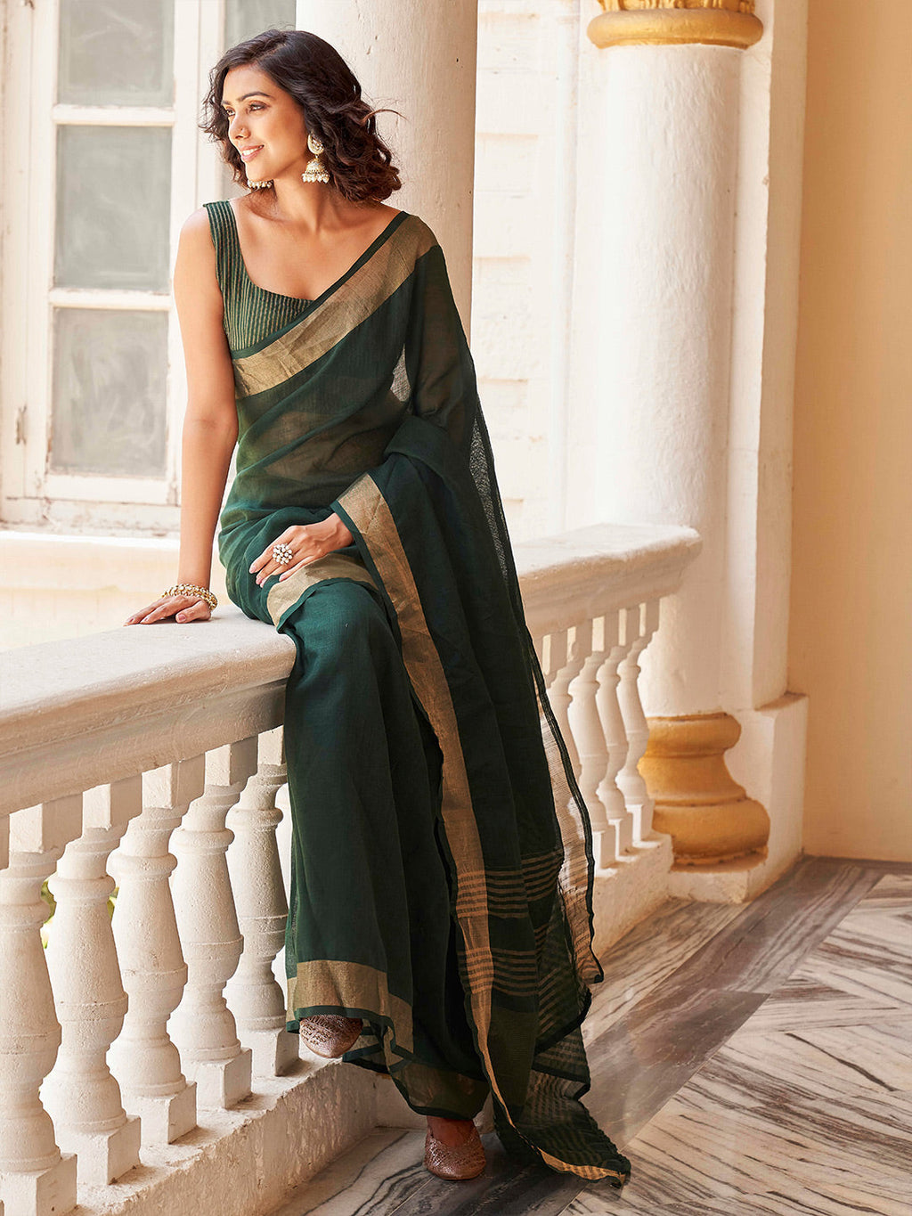Tikhi Imli Green & Gold-Toned Polycotton Zari Ready to Wear Saree | Grocsy