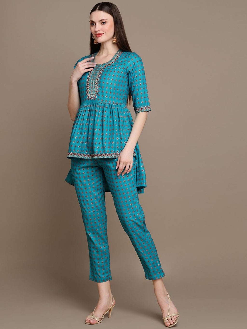 HERE&NOW Ethnic Motifs Embroidered Thread Work & Sequinned High-Low Kurti with Trousers | Grocsy