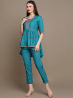 HERE&NOW Ethnic Motifs Embroidered Thread Work & Sequinned High-Low Kurti with Trousers | Grocsy