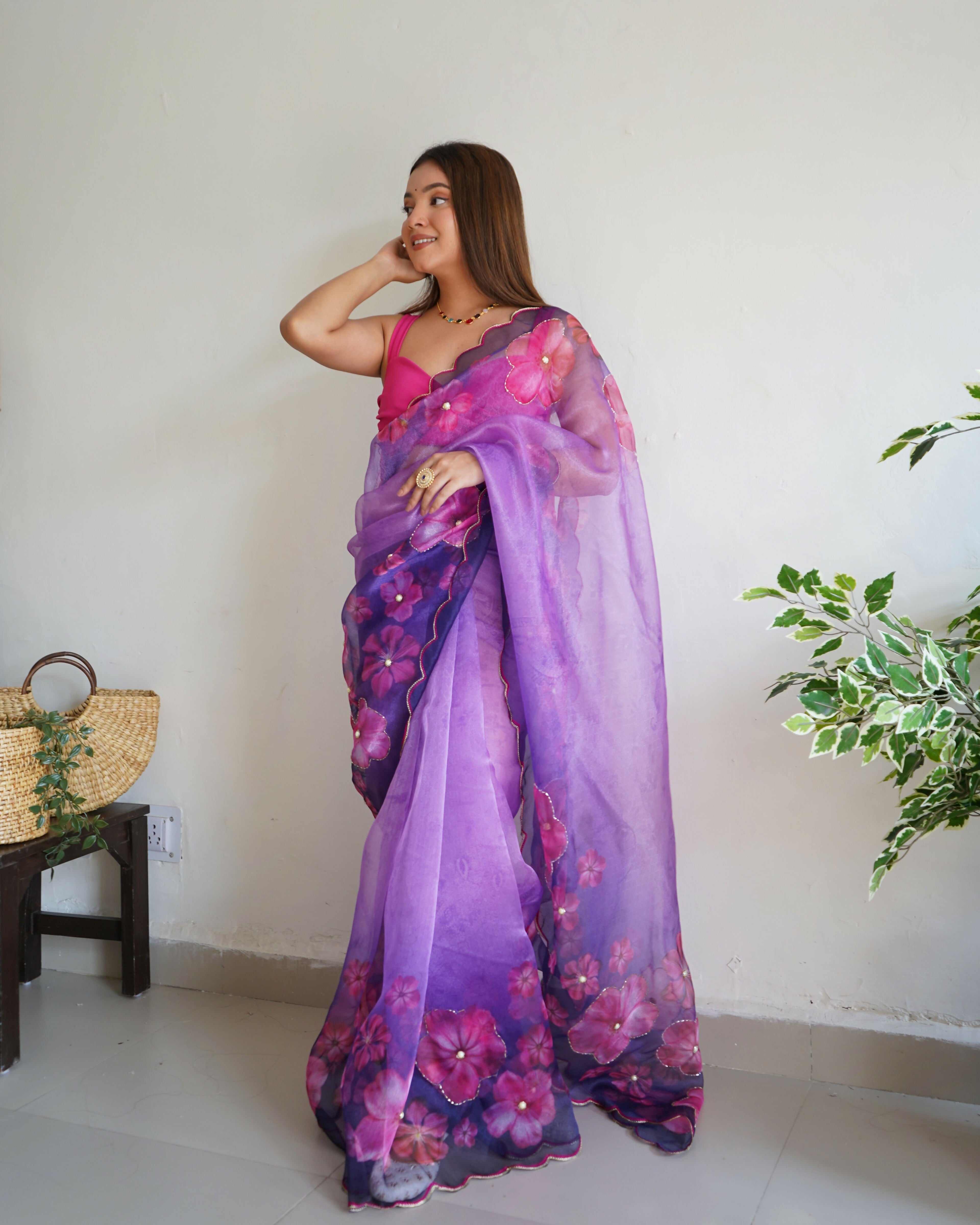 Vamsee Ramya Purple Organza Saree | Grocsy