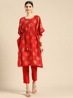 Sangria Women Red Ethnic Motifs Printed Kurta with Trousers | Grocsy