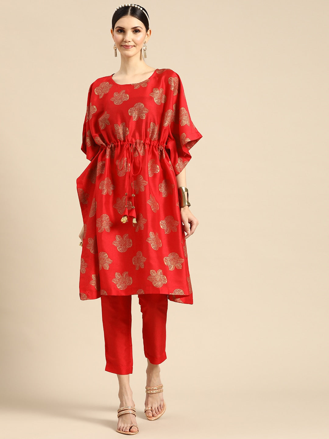 Sangria Women Red Ethnic Motifs Printed Kurta with Trousers | Grocsy