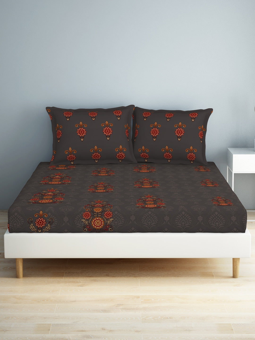 SPACES Aurum Grey Ethnic Motifs Pure Cotton 140 TC Queen Bedsheet with 2 Pillow Covers | Grocsy