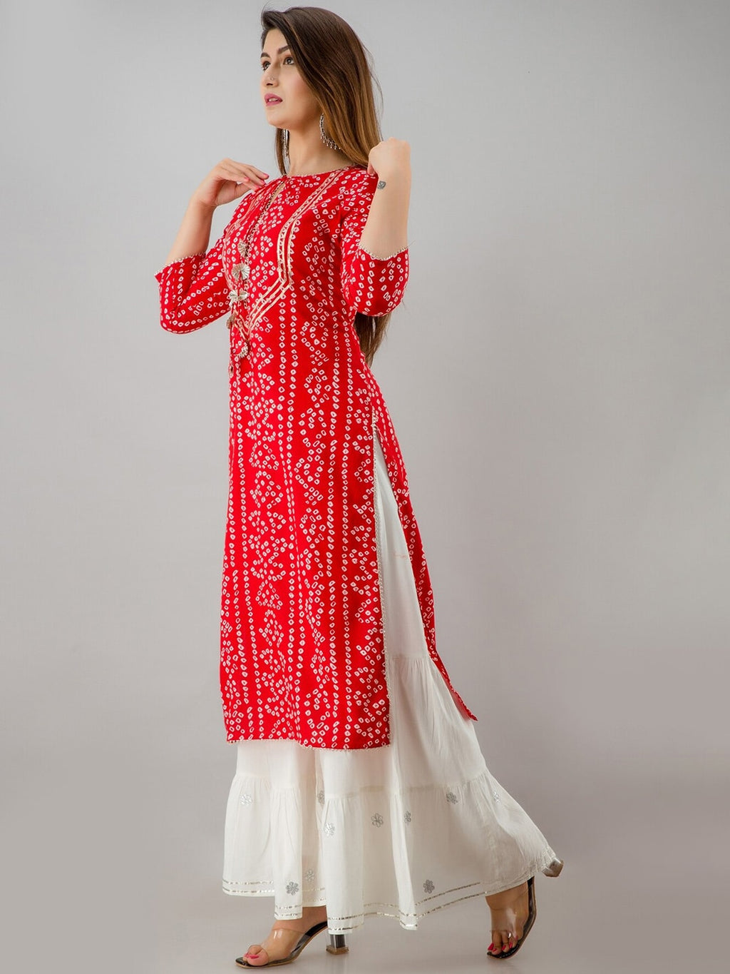 HERE&NOW Red & Gold-Toned Bandhani Printed Gotta Patti Kurta with Sharara | Grocsy