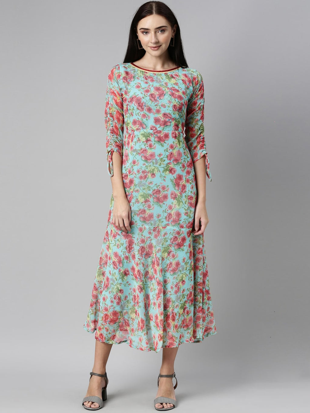Souchii Turquoise Blue Floral Printed Chiffon A-Line Midi Dress | Grocsy
