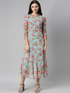 Souchii Turquoise Blue Floral Printed Chiffon A-Line Midi Dress | Grocsy