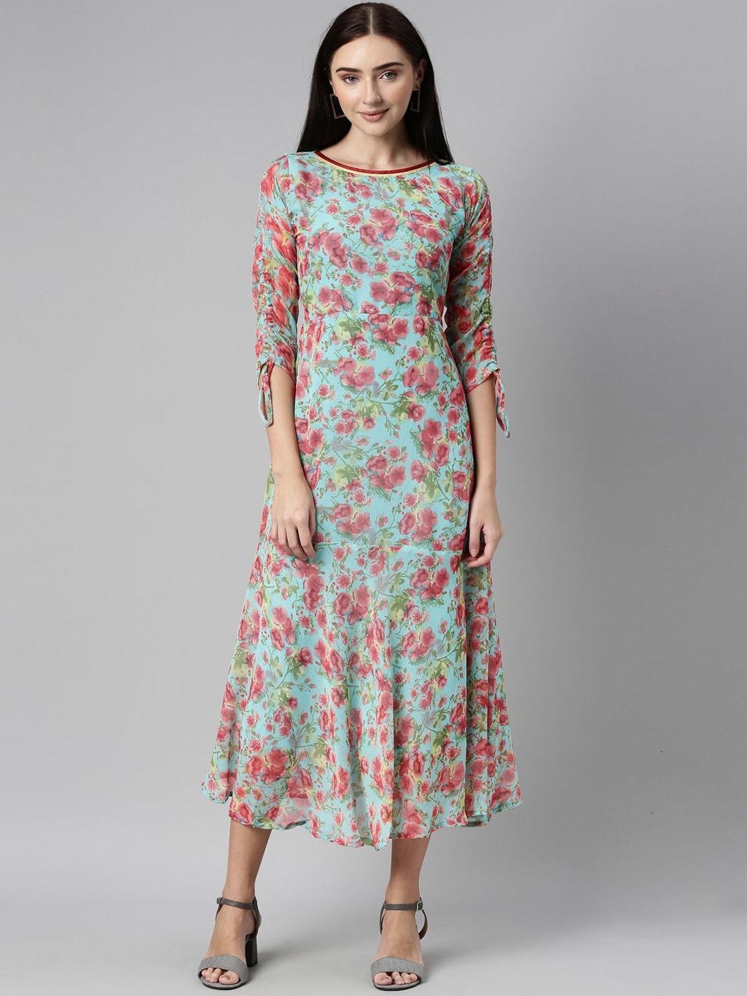Souchii Turquoise Blue Floral Printed Chiffon A-Line Midi Dress | Grocsy