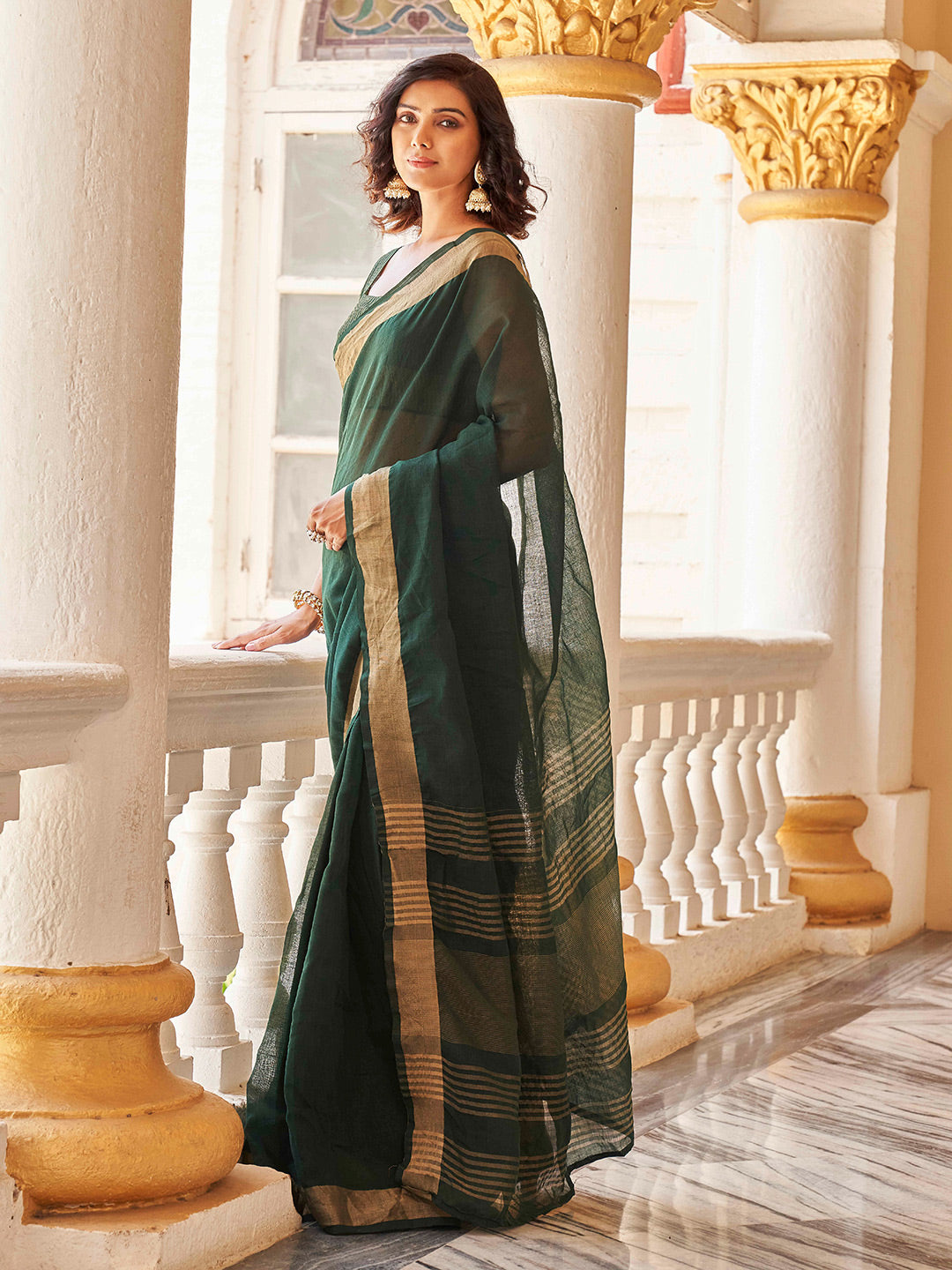 Tikhi Imli Green & Gold-Toned Polycotton Zari Ready to Wear Saree | Grocsy